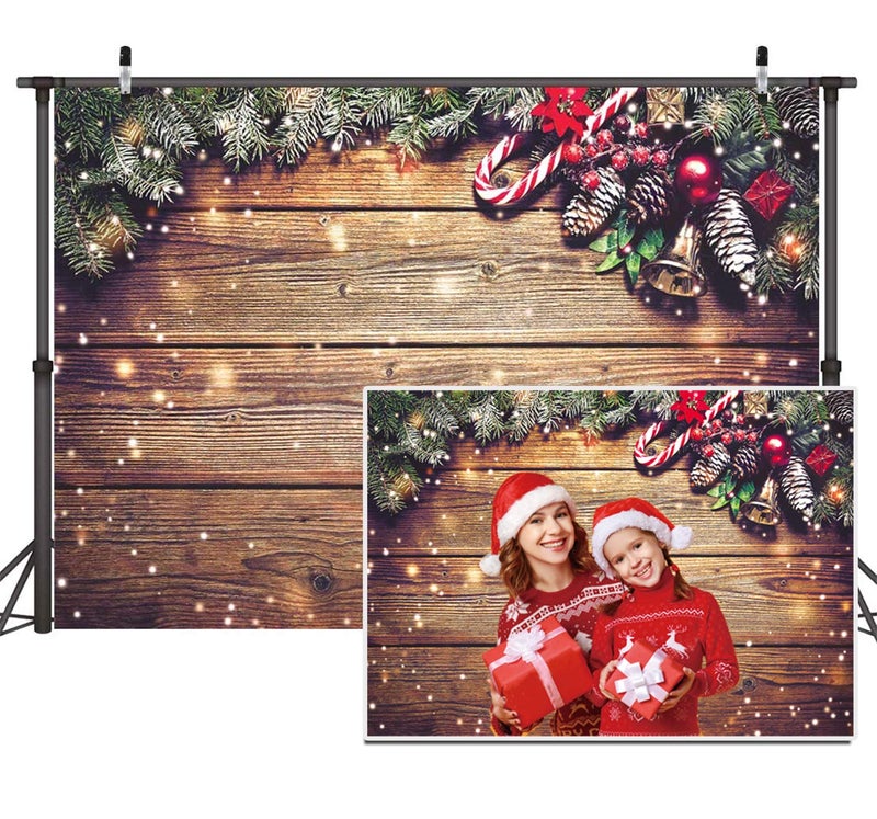 Dudaacvt 7x5ft Christmas Backdrop Snowflake Gold Glitter Christmas Wood Wall Photography Backdrop Xmas Rustic Barn Vintage Wooden Floor Background for Kids Portrait Photo Studio Booth - Image 1